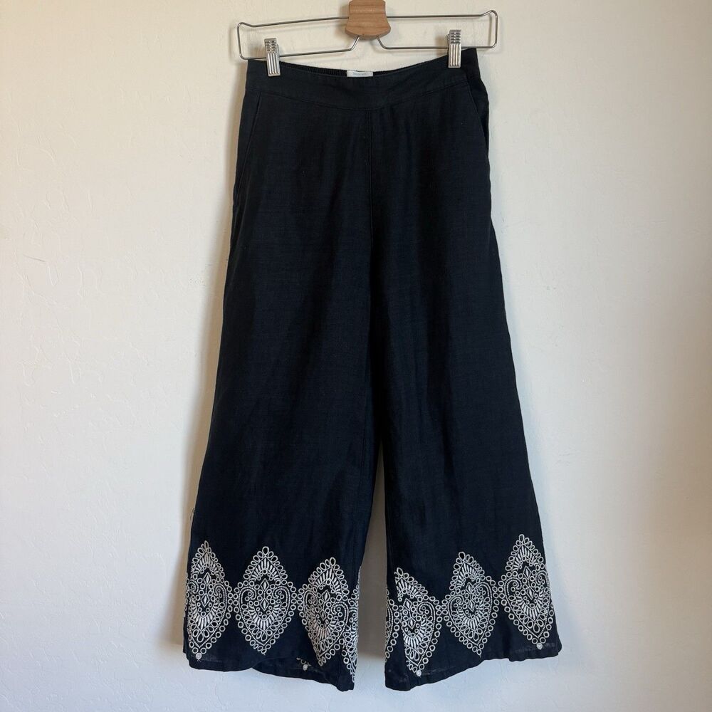 Cynthia Rowley S European Linen Embroidered Wide Leg Cropped Trouser Pants Boho